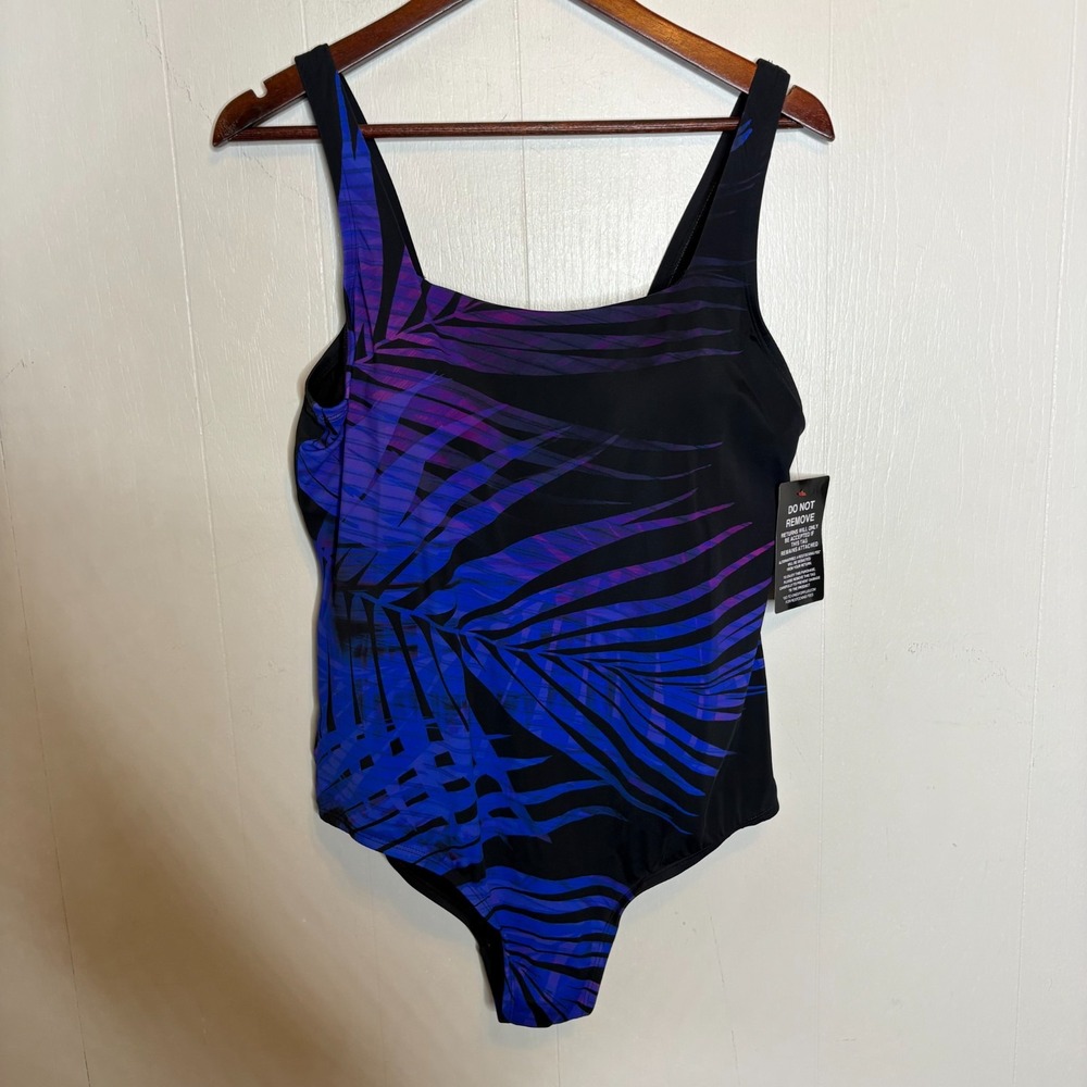 Swimsuits For All One Piece Swimsuit 18 Blue Palm Square Neck Tummy Control NWT - Picture 6 of 13